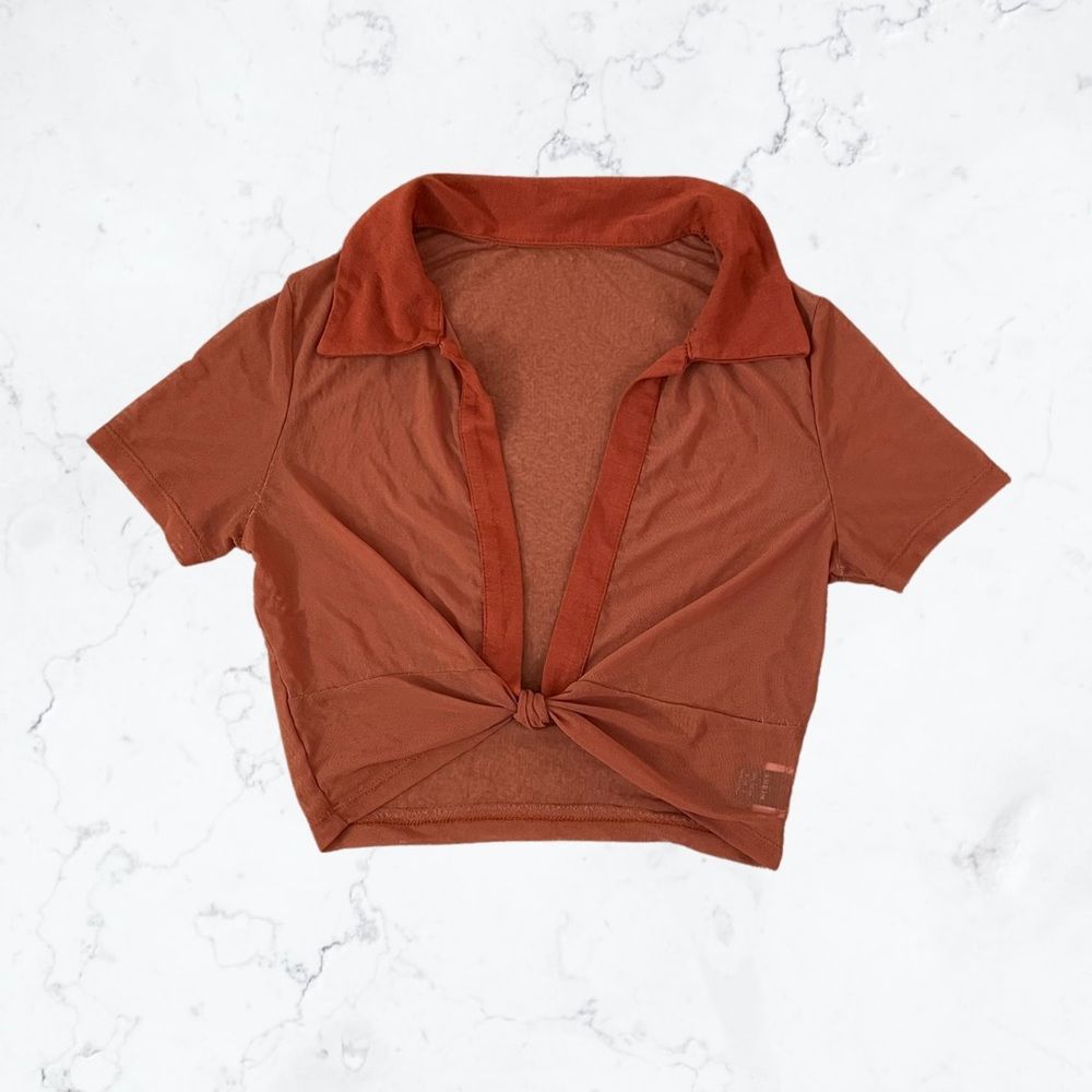 🍐3/$20🍐 Orange Mesh Collared Short-Sleeve Crop Top Beach Cover-Up